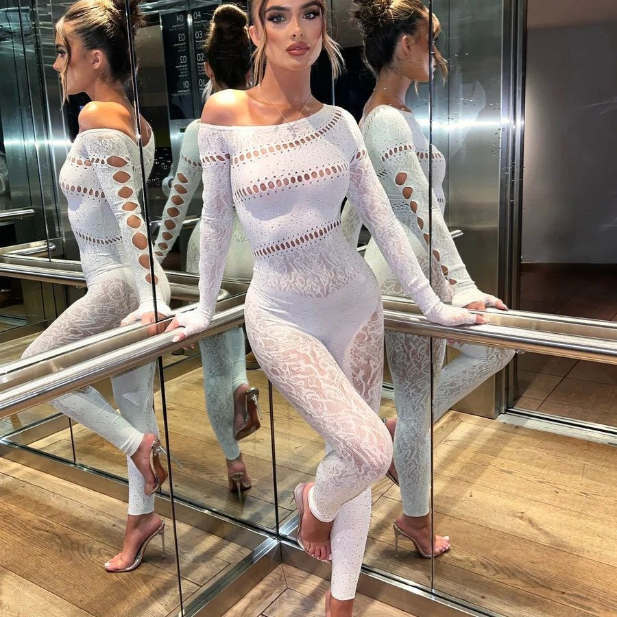 One-Piece Long Sleeves Hot Rhinestone Shiny Fishnet Clothes Sexy Lingerie