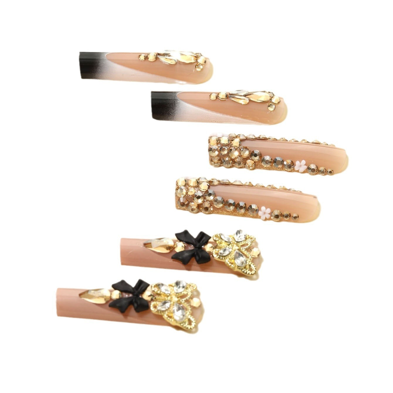 Rectangular Black French-Style Three-Dimensional Butterfly Detachable Fake Nails