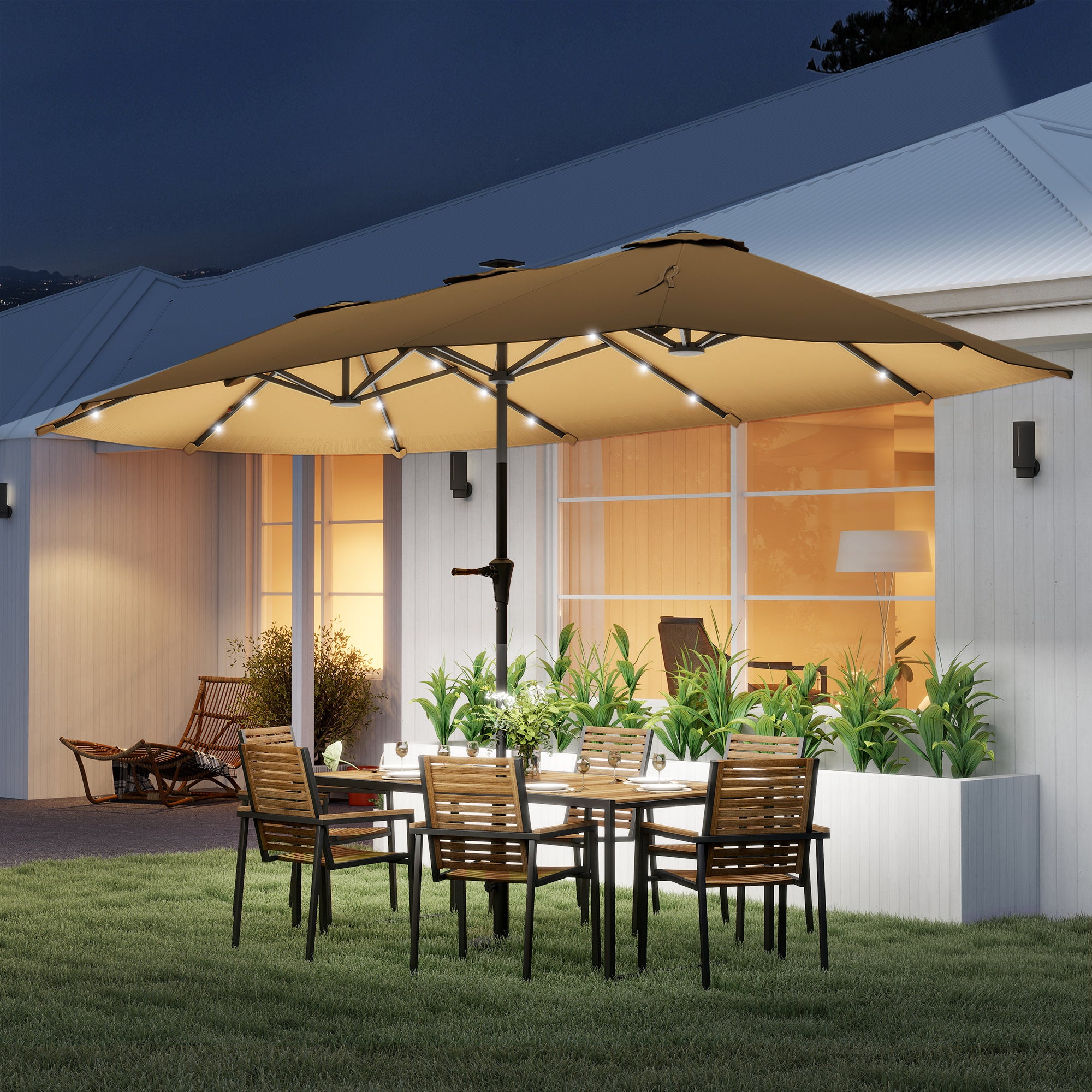 13ft Double-Sided Market Umbrella, Large Patio Umbrella with Solar Lights, Crank Handle for Garden, Pool, Yard, Khaki