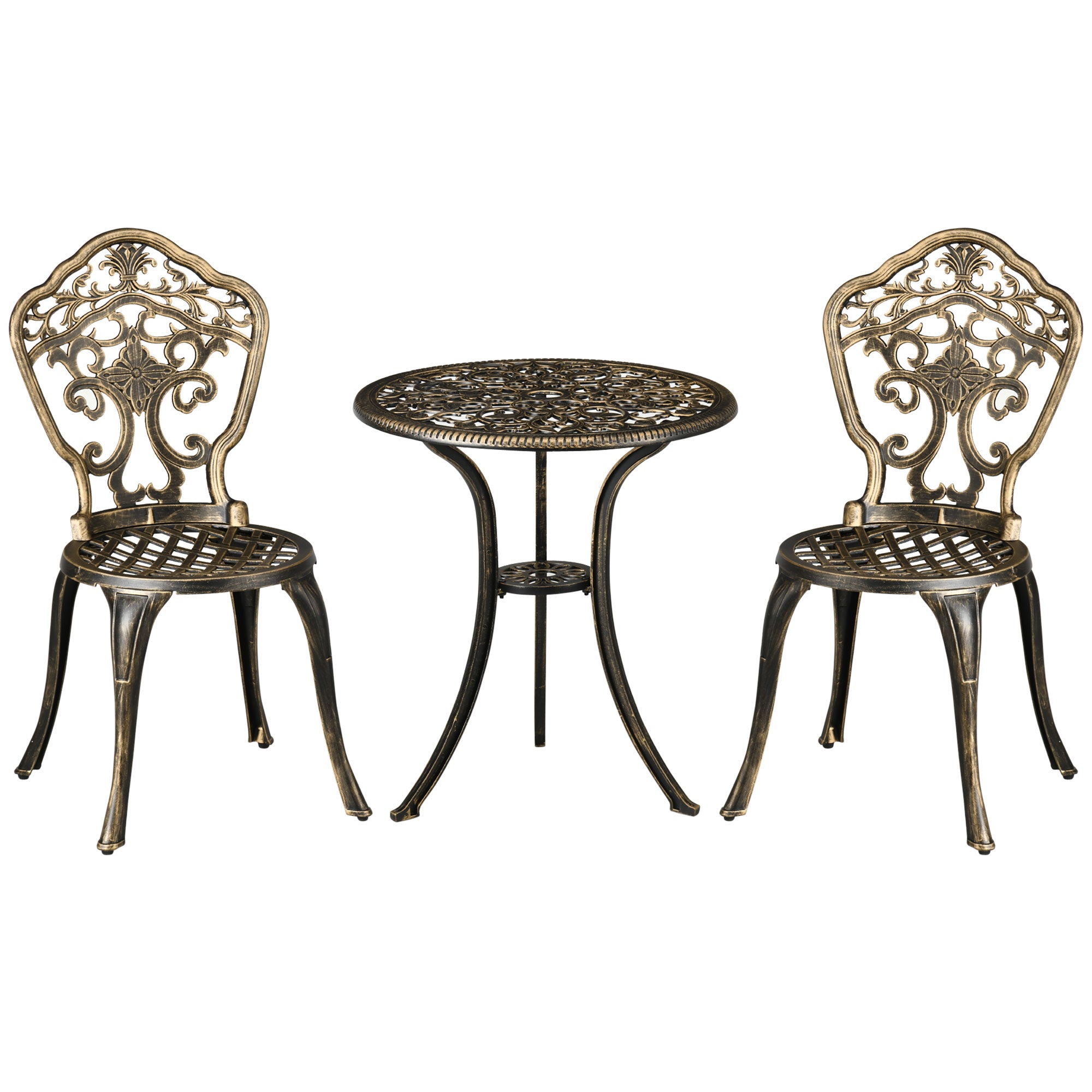 3 Piece Cast Aluminium Garden Bistro Set For 2 With Parasol Hole, Outdoor Coffee Table Set, Two Armless Chairs And Round Coffee Table For Balcony, Patio, Bronze