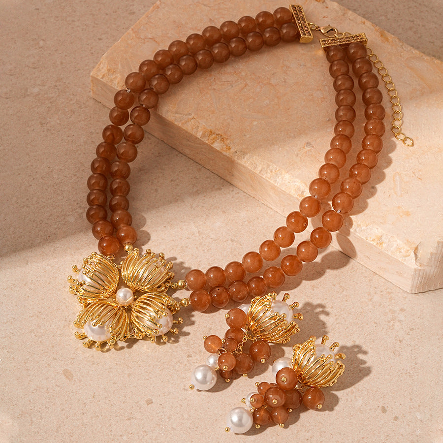 Vintage Artificial Glass Beaded Double-Layer Necklace Earrings
