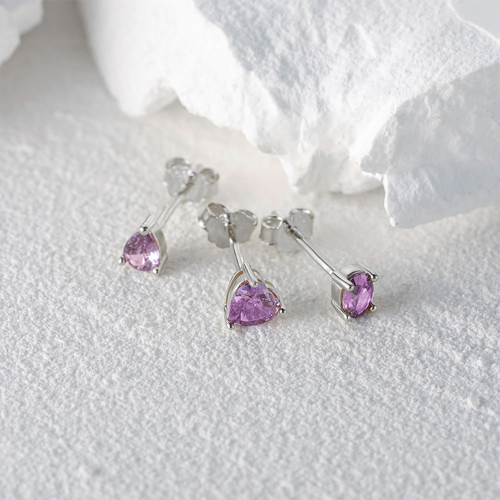 S925 Sterling Silver Purple Cluster Heart-Shaped Diamond Stud Earrings