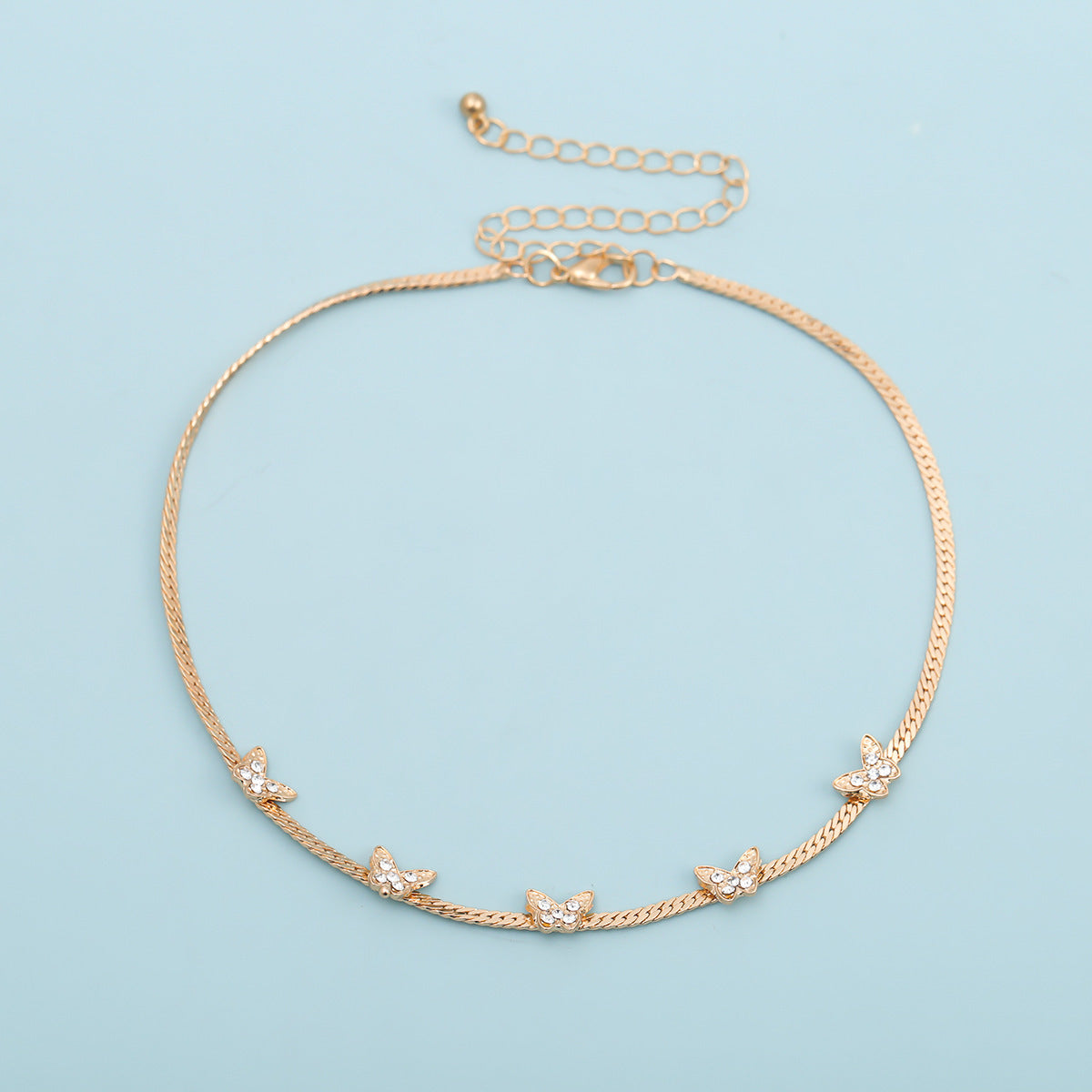 Simple Women's Flat Chain Diamond Butterfly Necklace Choker