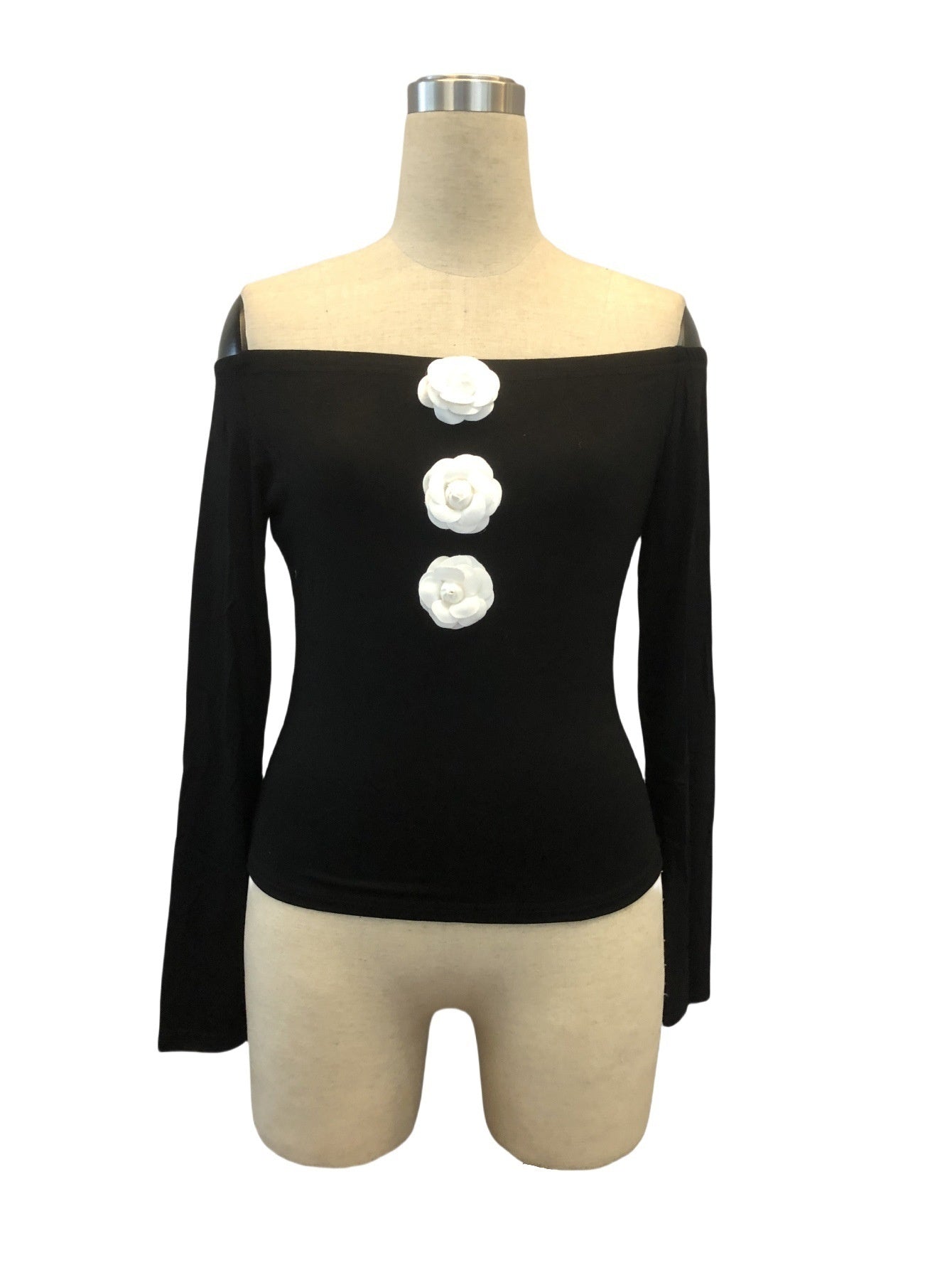 3D Floral Off-The-shoulder Off-Neck Slim-Fit Long-Sleeved T-shirt