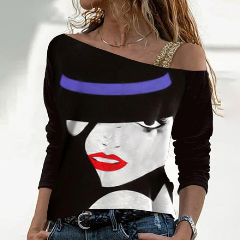 Fashion Print Stitching Oblique Shoulder Long-Sleeved T-shirt