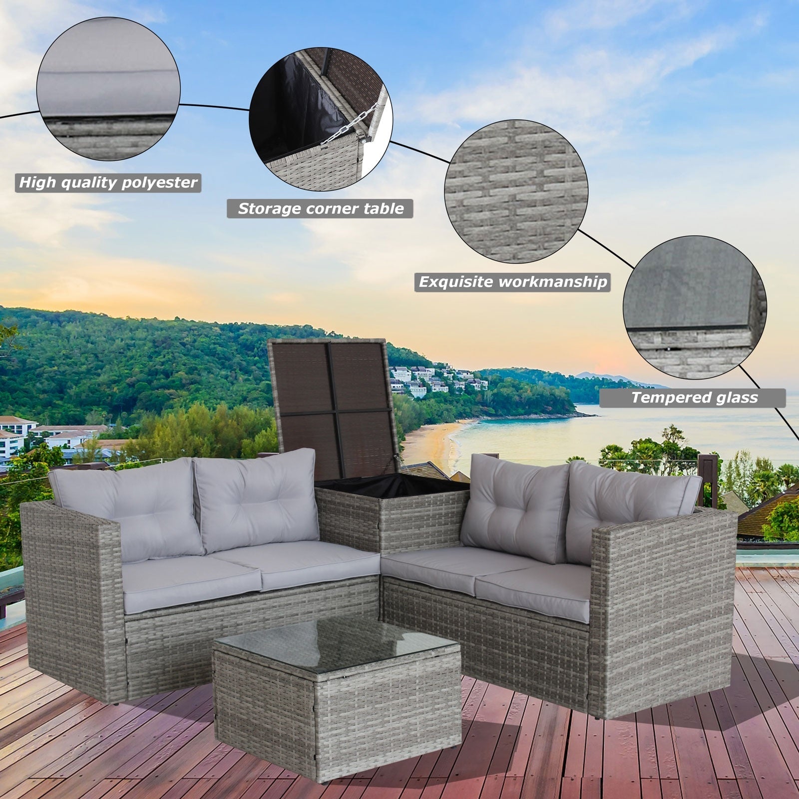 4Pc Patio Sectional Wicker Rattan Sofa Set W  Storage Box Grey