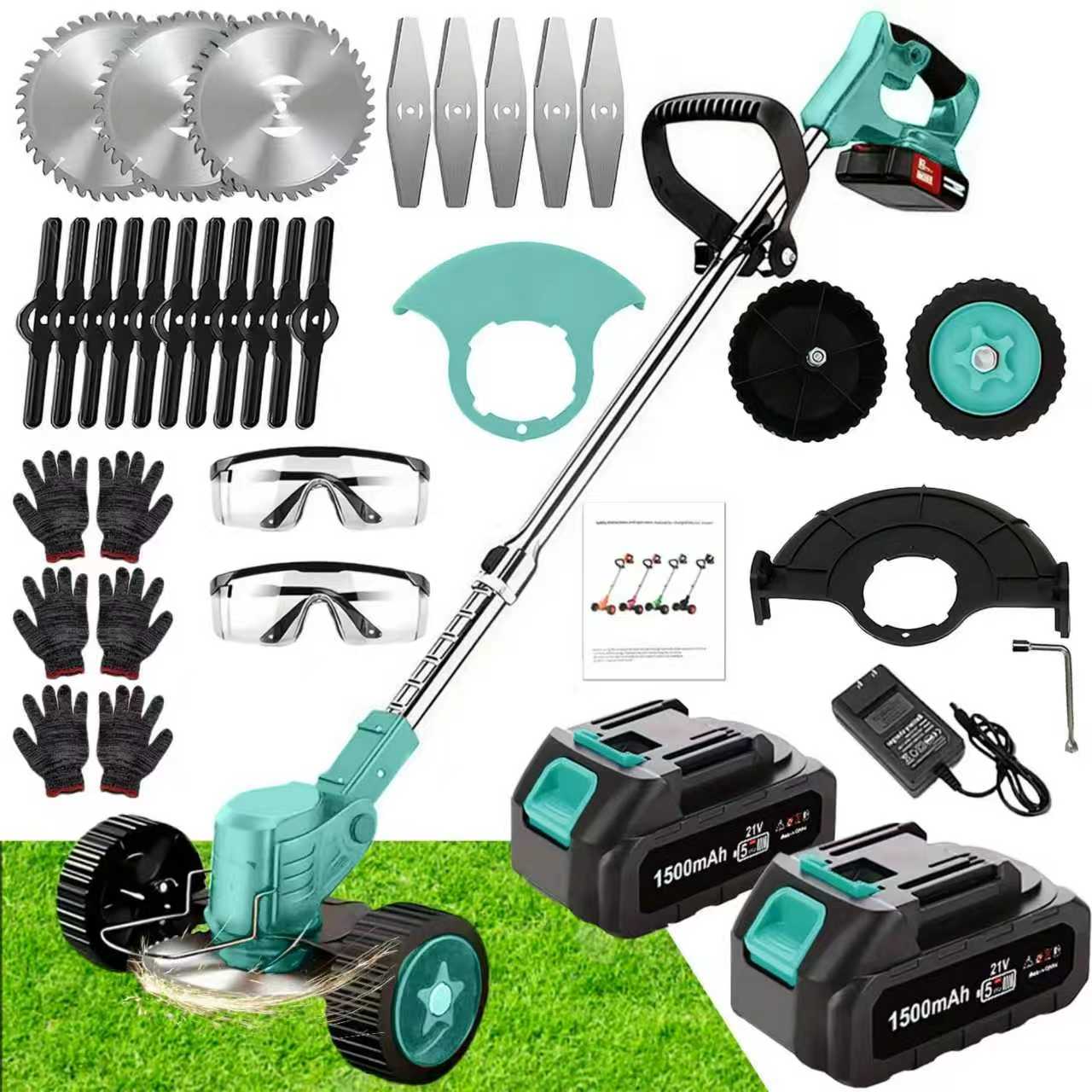 21V Electric Weed Eater With Wheels,Cordless Battery Weed Wacker With Charger, 2Batteries,3 In 1 Brush Cutter String Trimmer Grass Trimmer Lawn Mower,Edger For Garden And Yard Lawn,Dealsforyoudays