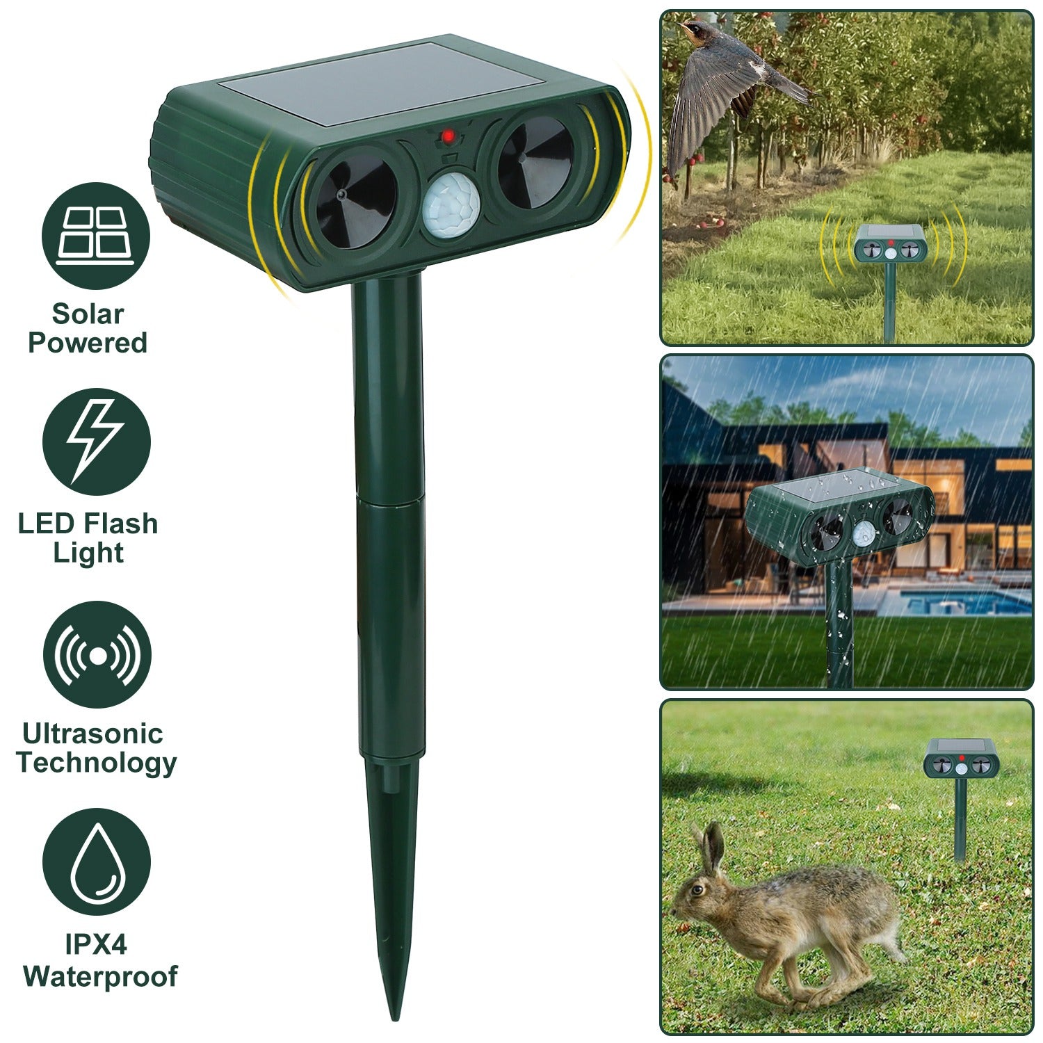 1Pc Ultrasonic Animal Repeller Solar Powered Motion Sensor Repellent IPX4 Waterproof Outdoor For Farm Garden Yard Repelling Deer Raccoon Cat Dog Rabbit Squirrel Bird