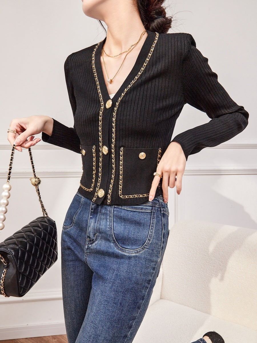 French High End Light Luxury Short Style Black Knit Cardigan