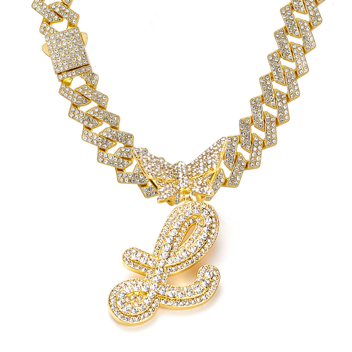 English Letter Alloy Rhinestone Pendant Necklace Butterfly