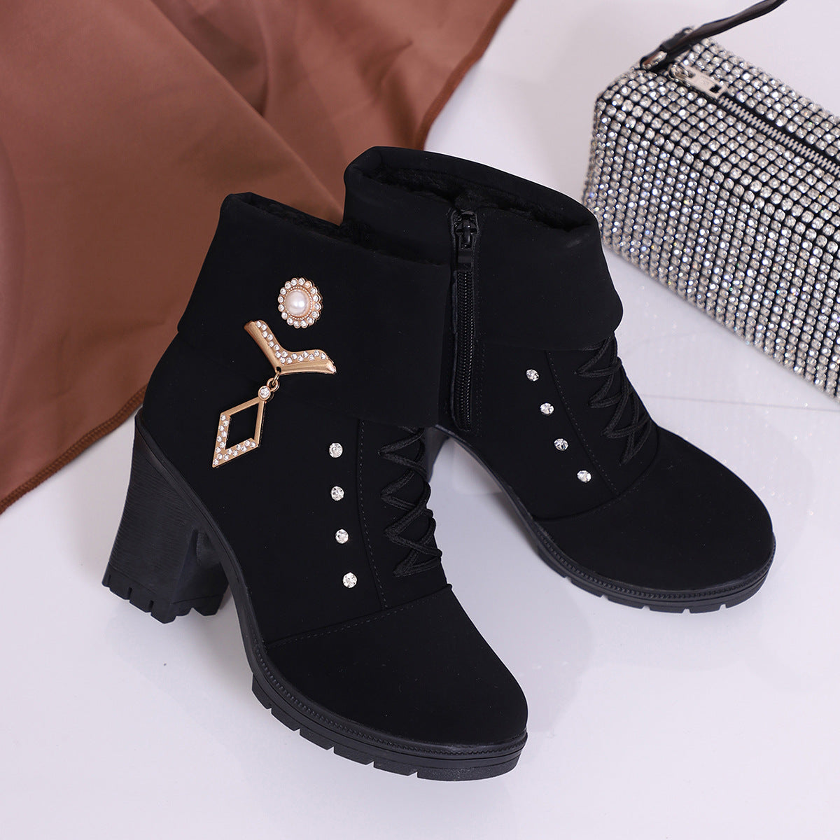 Plus Size Martin Boots Rhinestone High-Heeled Cotton Boots