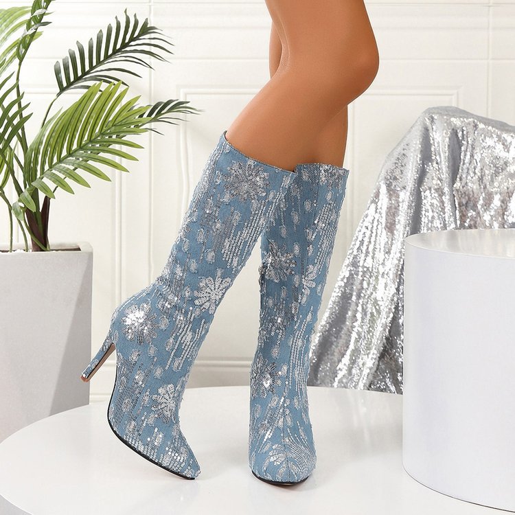 Female Fashionable Sequins Flower Denim Pointed-Toe Stiletto Boots