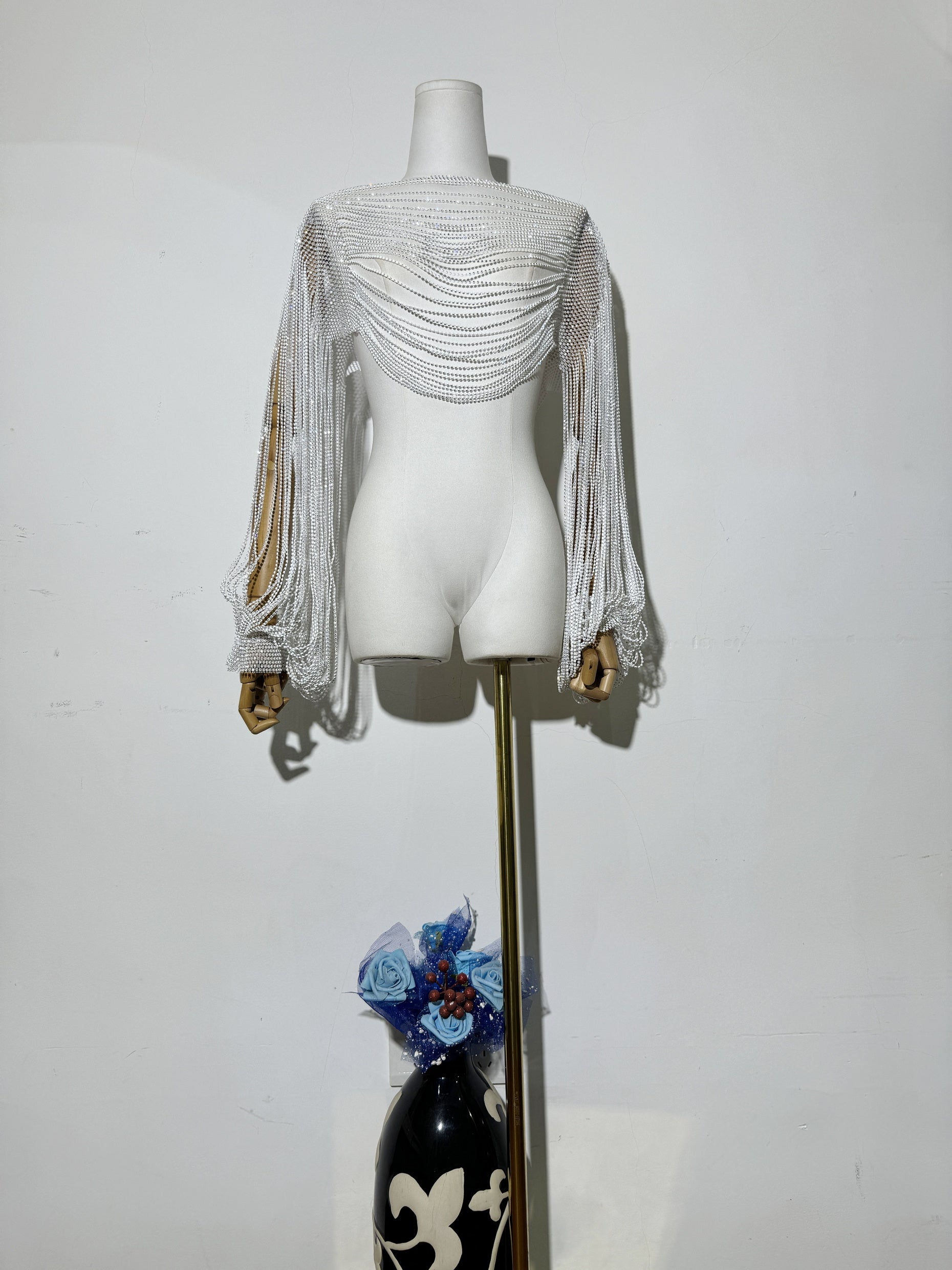 Diamond-Embellished Accessory Shawl Long-Sleeve Top