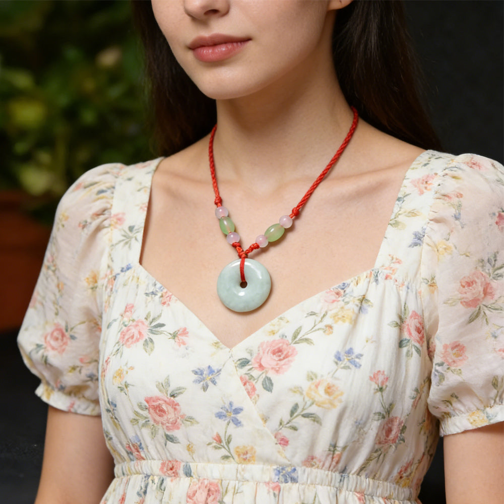 Peace Donut Healing Crystal Jadeite,Circle Coin Shaped Stone Pendant Adjustable Braided Cord Necklace For Inner Peace