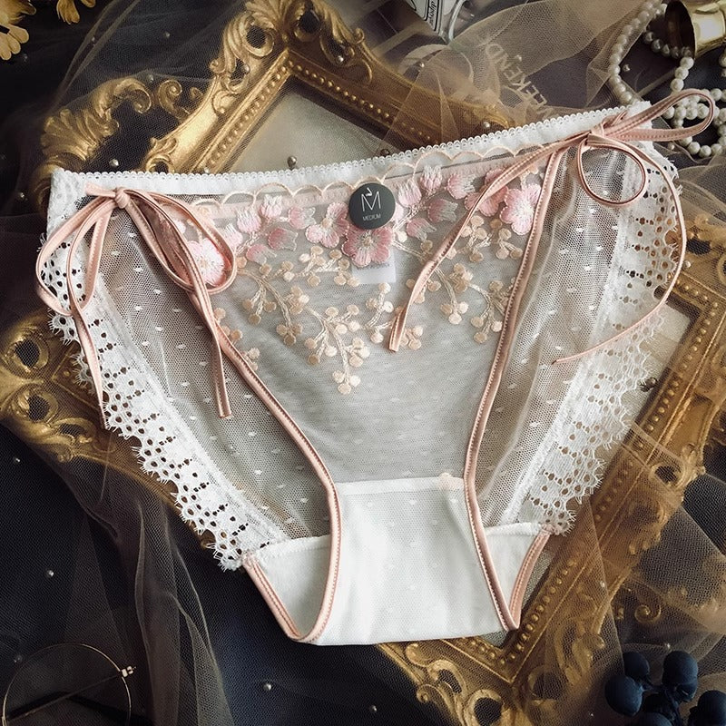 Sexy Lace-up Lace Underwear Sheer Mesh Low Waist Briefs