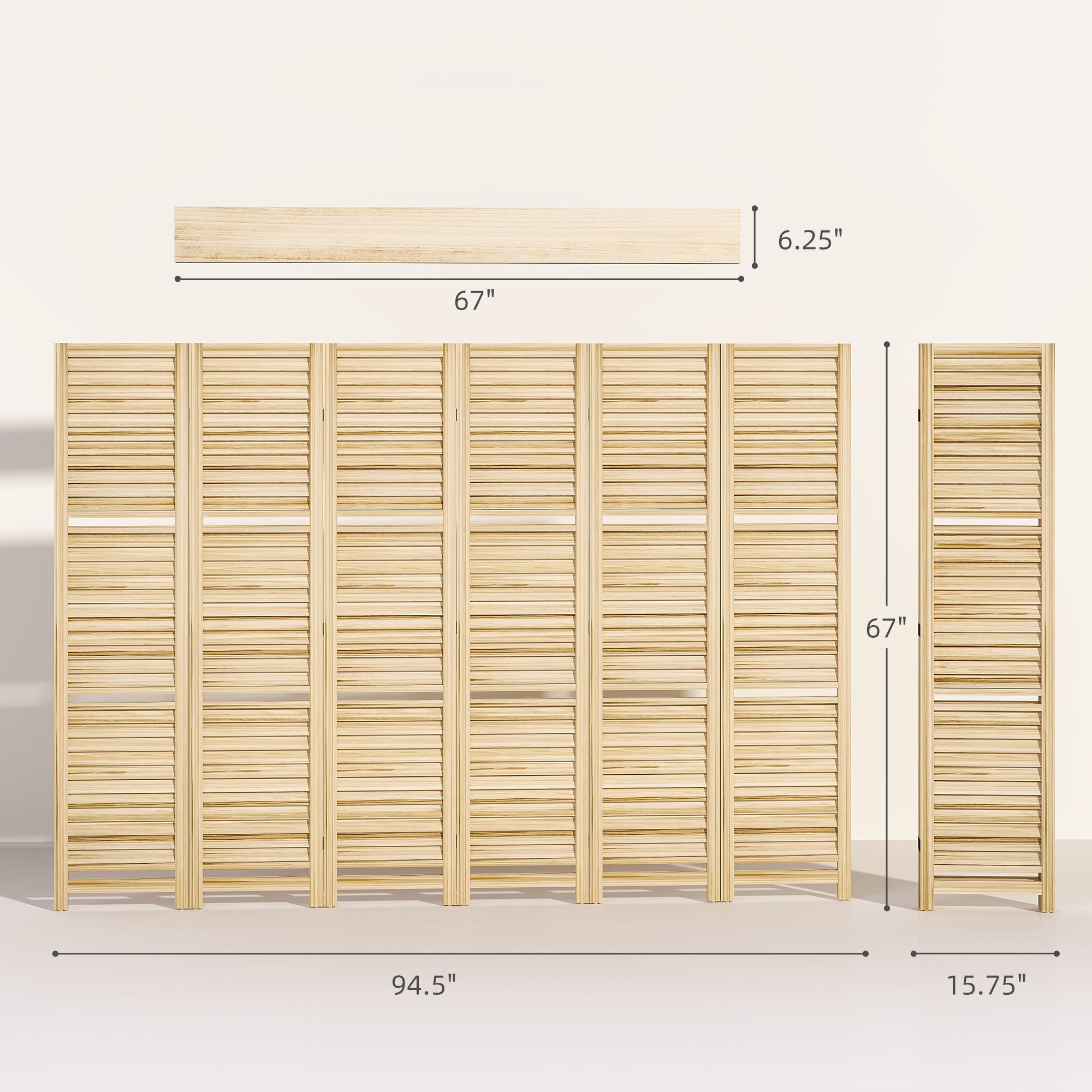 6 Panel 67" Tall Wood Privacy Screen Room Divider with 3 Shelves and Folding Storage for Bedroom, Natural Wood