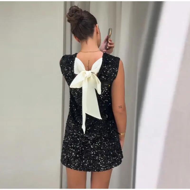 Shiny Sequin Lace-Up Bow Dress