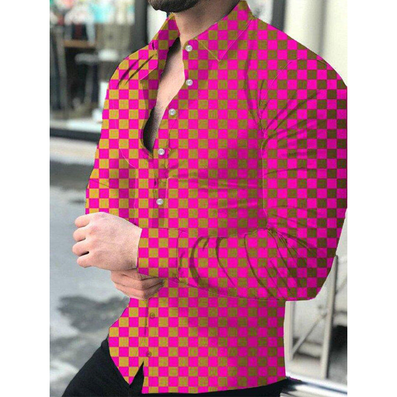 Men's Lapel Button Down Casual Print Long Sleeve Top