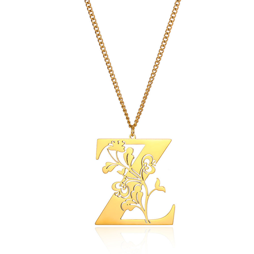 Stainless Steel 26 English Flower Letter Necklace