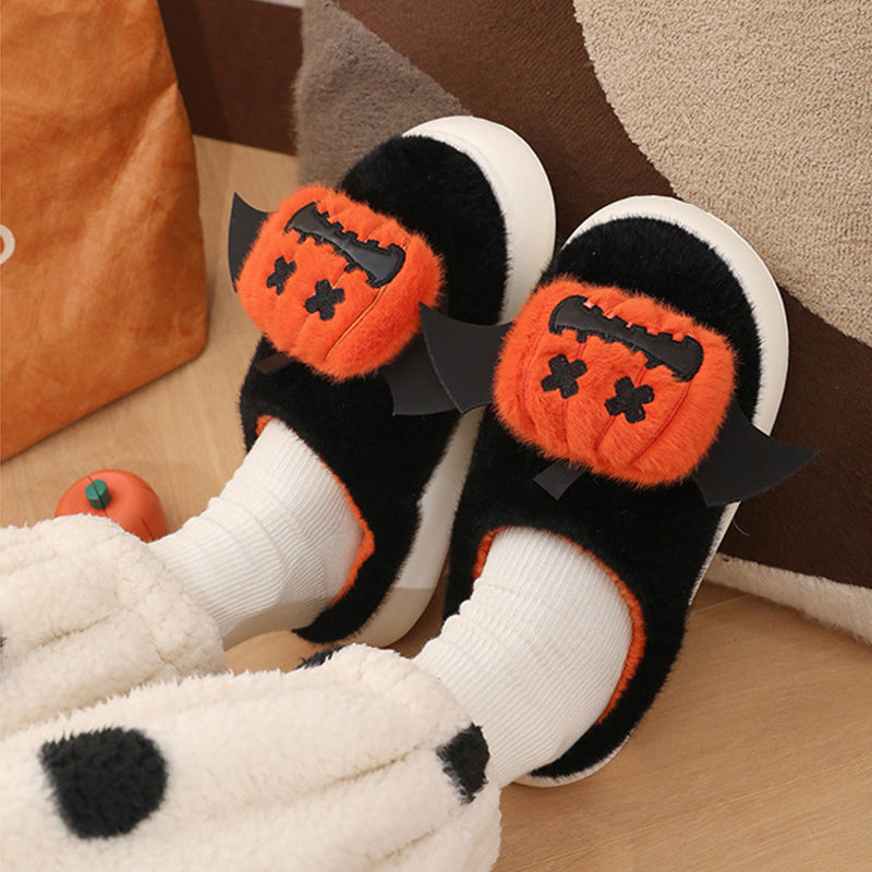 Halloween Cartoon Funny Pumpkin Slippers With Small Wings Design Indoor Non-Slip Bedroom Floor Cotton Slipper Winter House Shoes Couple