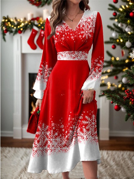 Women's Snowflake Printed Large Swing Pullover Dress