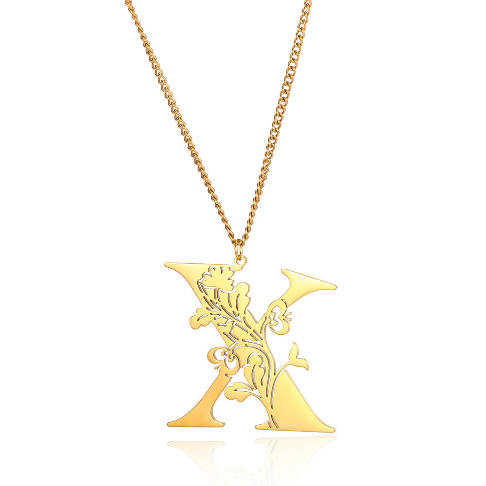 Stainless Steel 26 English Flower Letter Necklace