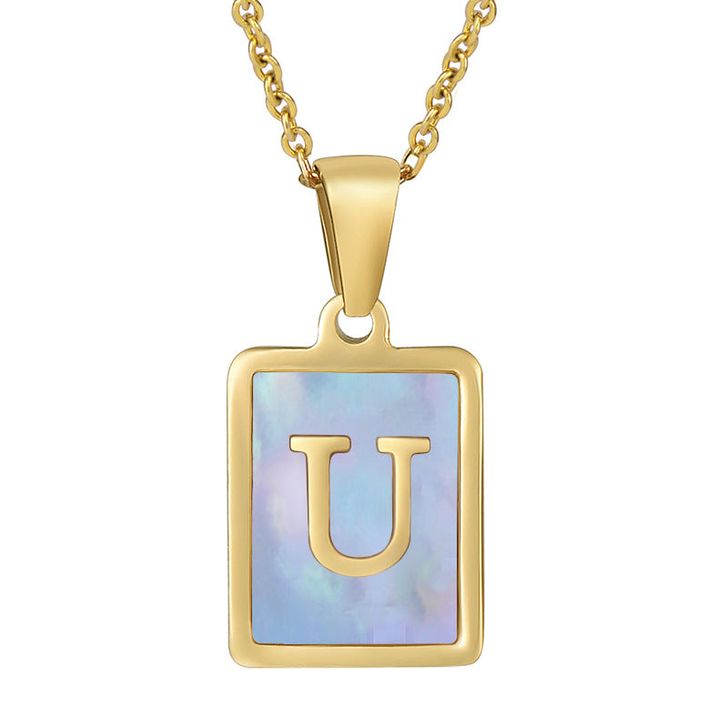 Titanium Steel 26 English Letter Necklace Blue Shell
