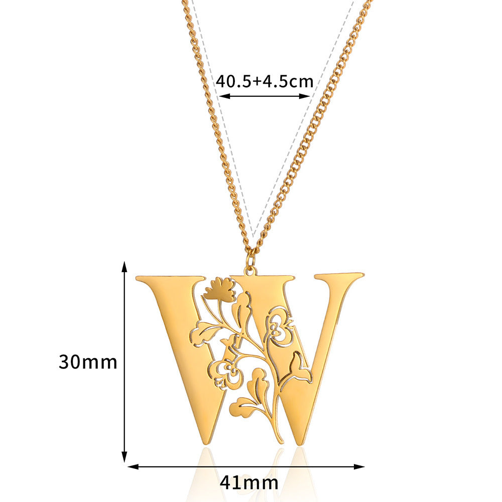 Stainless Steel 26 English Flower Letter Necklace