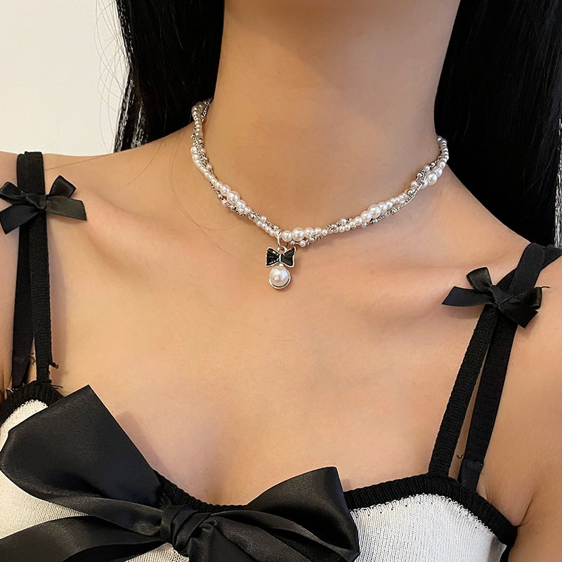 Bow Stitching Pearl Double-layer Winding Necklace Female Special Interest Light Luxury Y2g Hot Girl Sweet Cool Clavicle Chain Ornament