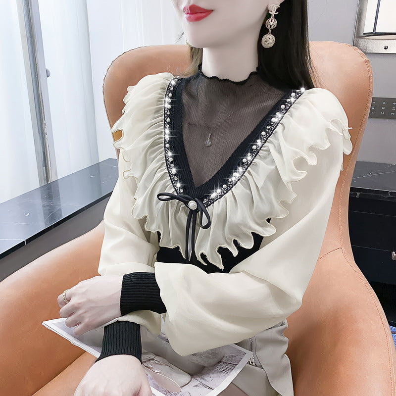 French V-Neck Ruffled V-Shaped Diamond Stitching
