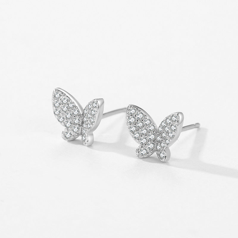 S925 Sterling Silver Butterfly Shiny Diamond-Encrusted Stud Earrings