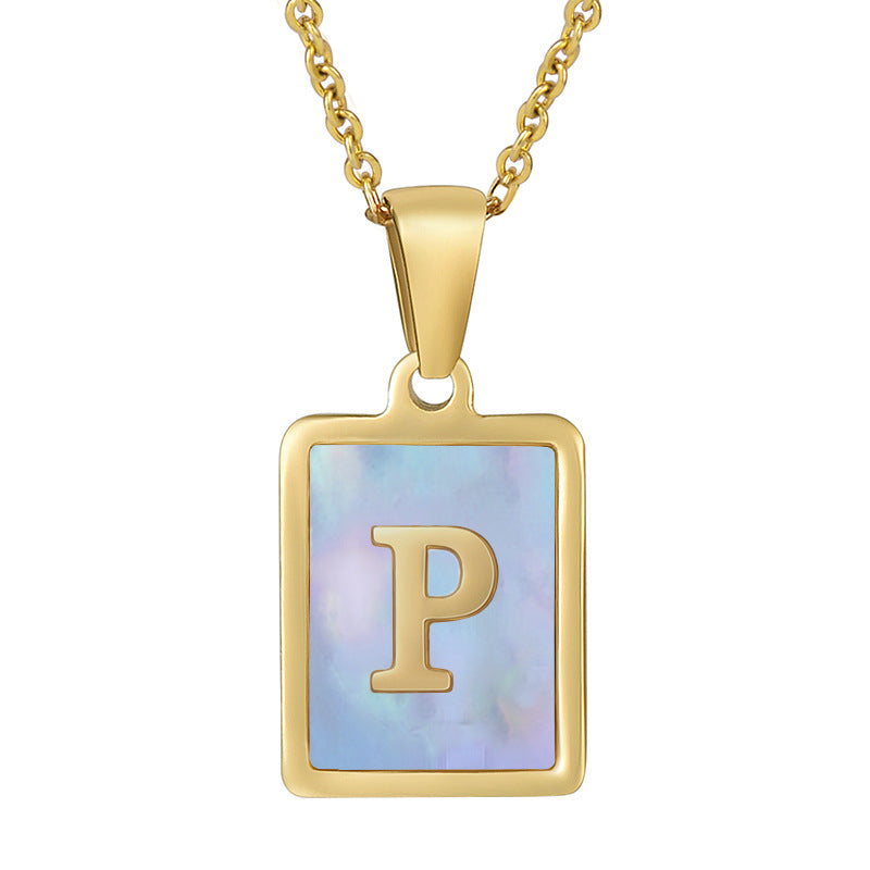 Titanium Steel 26 English Letter Necklace Blue Shell