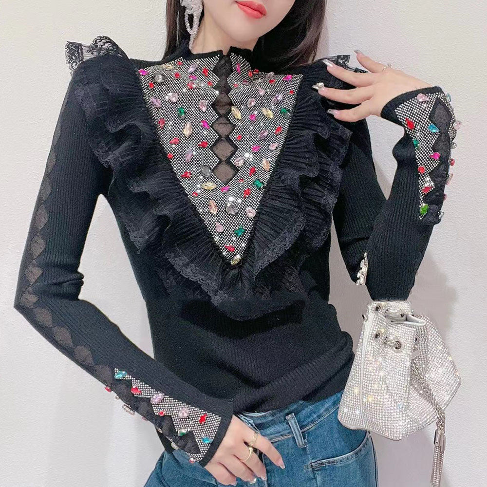 Knitted Sweater Sweet Heavy Industry Hot Diamond Color Top