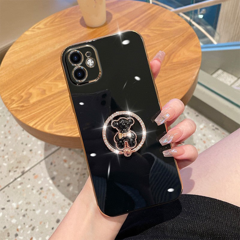 Electroplated Rhinestone Round Bracket Bear Cute High-level Luxury Protective Cover All-Inclusive Anti-Fall Soft Shell