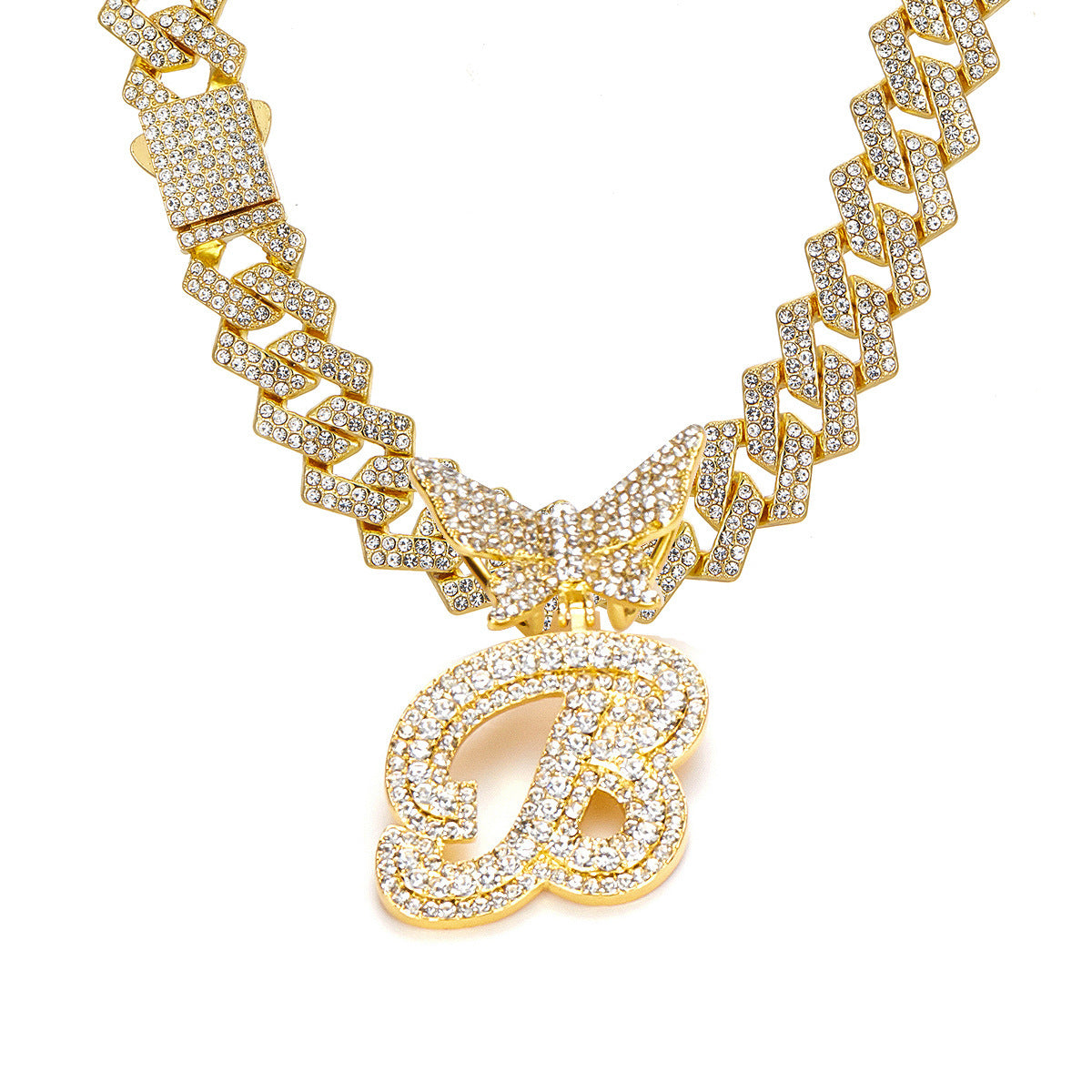 English Letter Alloy Rhinestone Pendant Necklace Butterfly