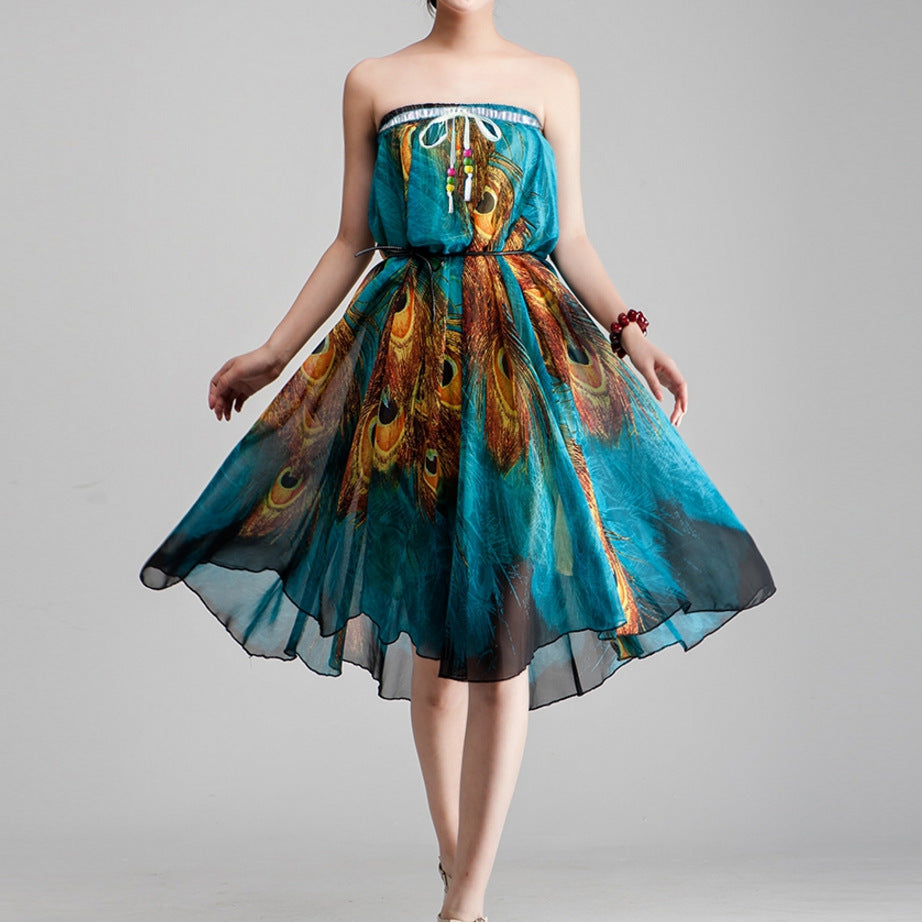 Peacock Feather Print Round Neck Skirt