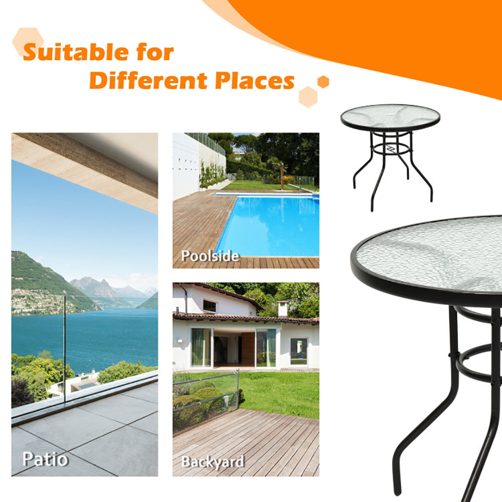 32 Inch Patio Tempered Glass Steel Frame Round Table With Convenient Umbrella Hole
