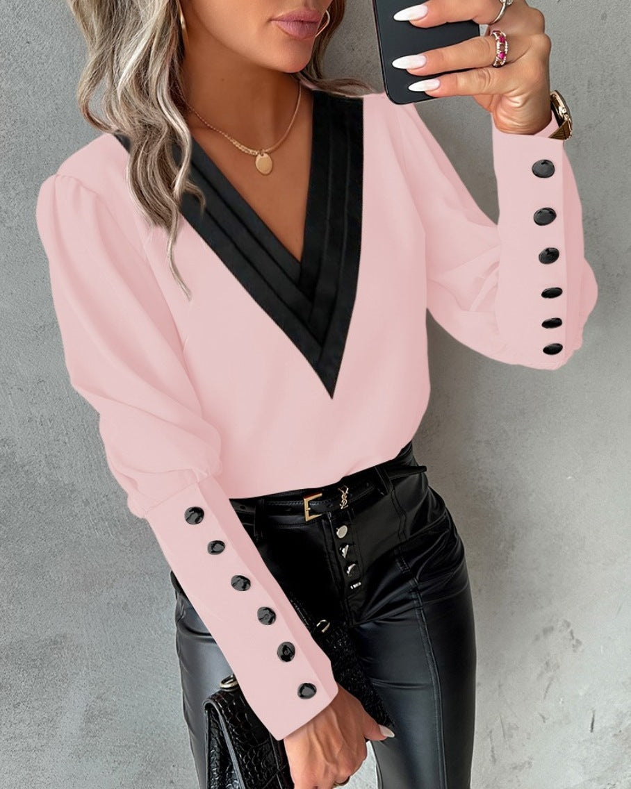 Fashion V-Neck Long Sleeve Blouse With Button Design Commuter Leisure Solid Shirt Top Womens Clothing