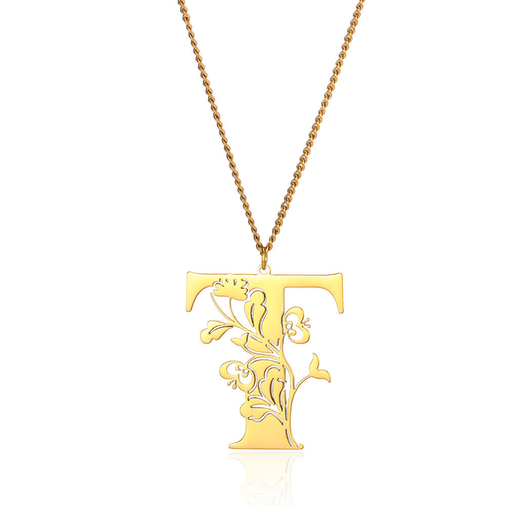 Stainless Steel 26 English Flower Letter Necklace