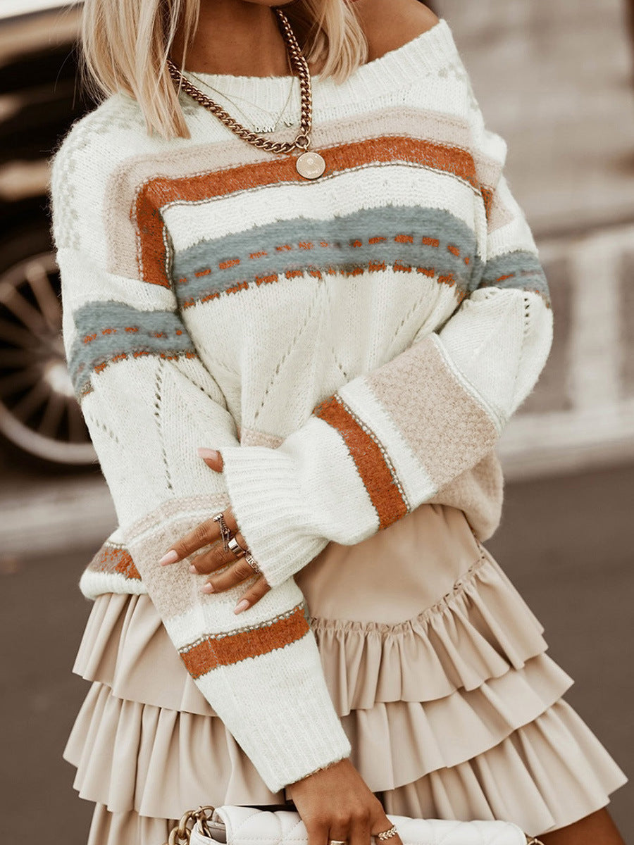 Winter Striped Colored Pullover Sweater Women's Knitted Jacquard Texture Top