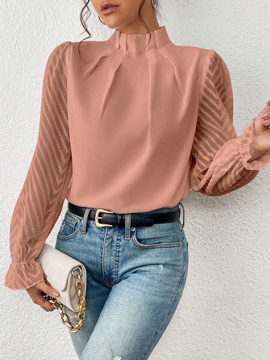 Women's Half-Turtleneck Stitching Wavy Chiffon Long-Sleeved Top