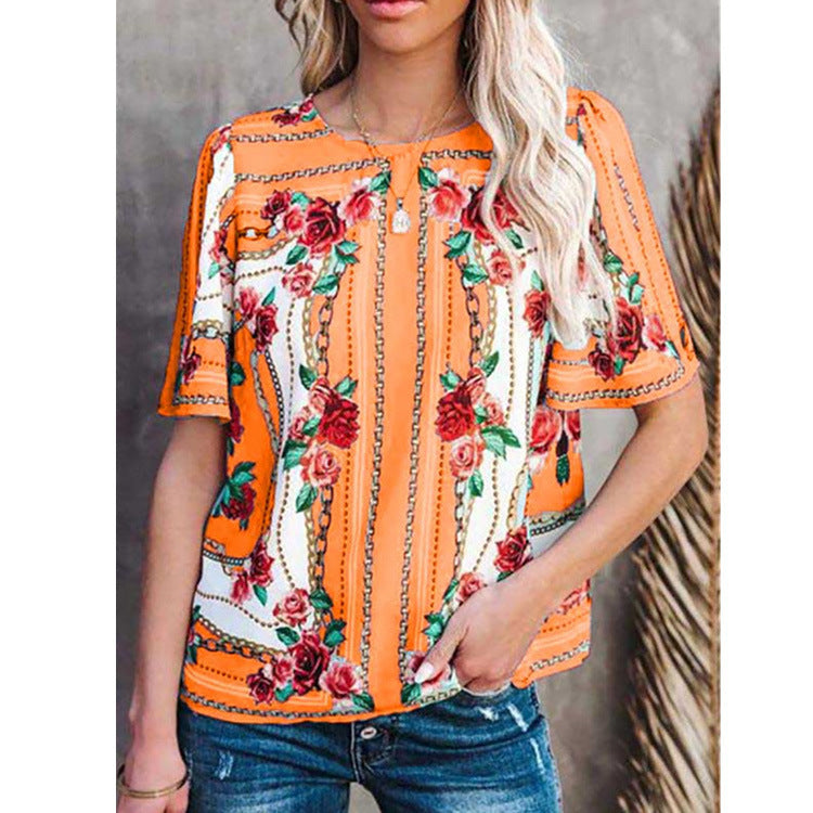 Women's Fashion Round Neck Short Sleeve T-Shirt Print Top