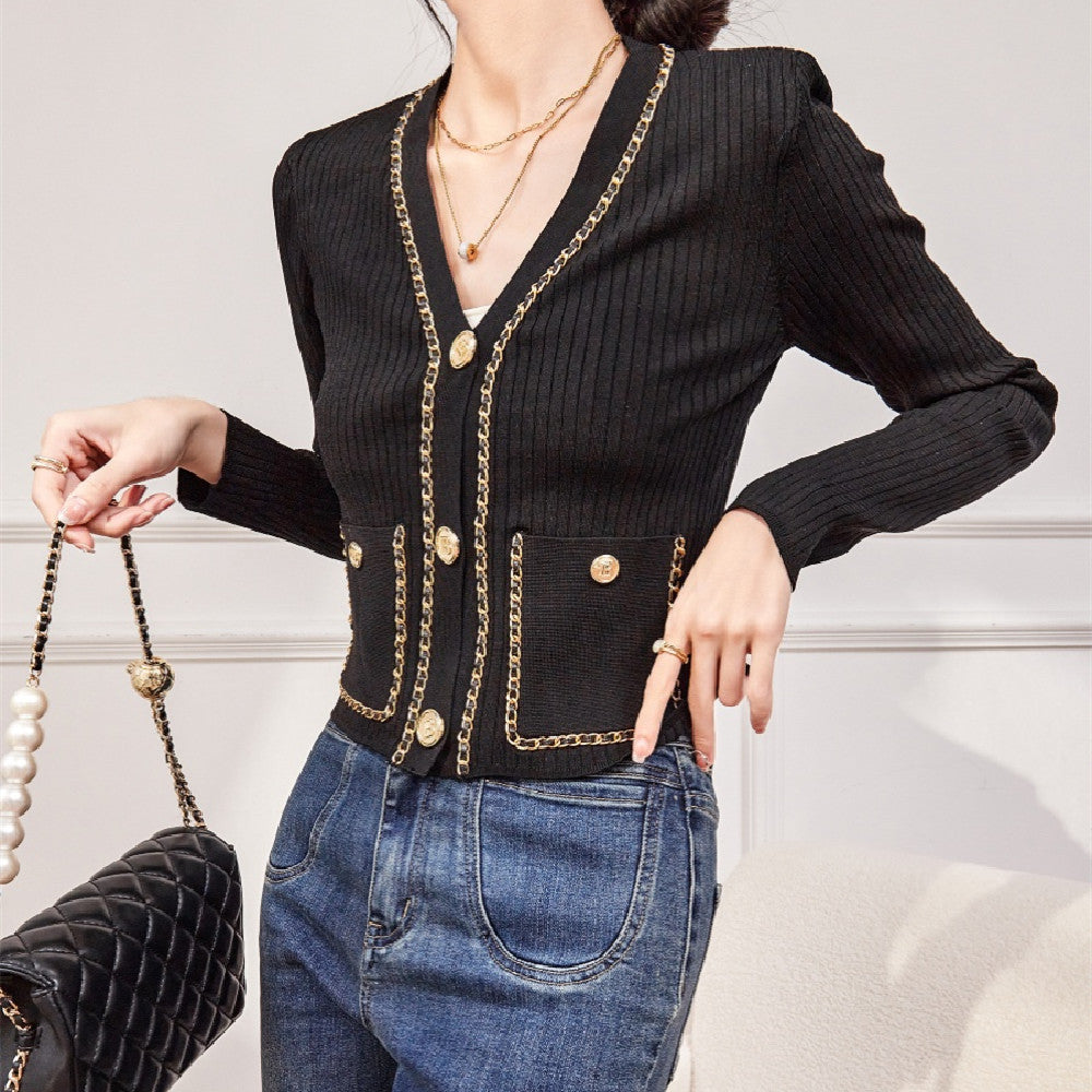 French High End Light Luxury Short Style Black Knit Cardigan