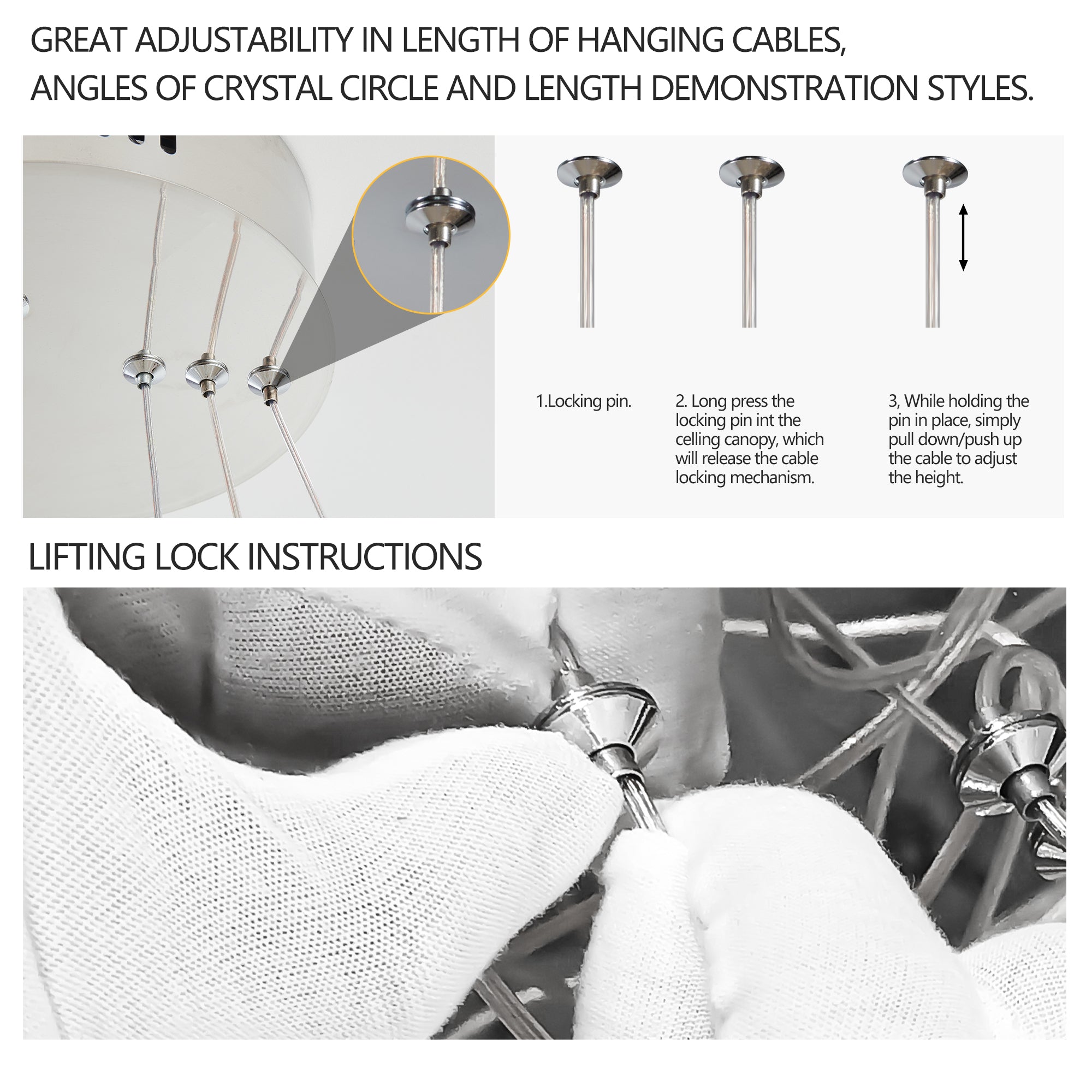 24-inch Crystal Chandelier LED Ceiling Lamp, Adjustable Color Temperature 3000K 4000K 6000K, Height Adjustable, Luxury Round Chandelier, Suitable For Living Room, Dining Room, Bedroom