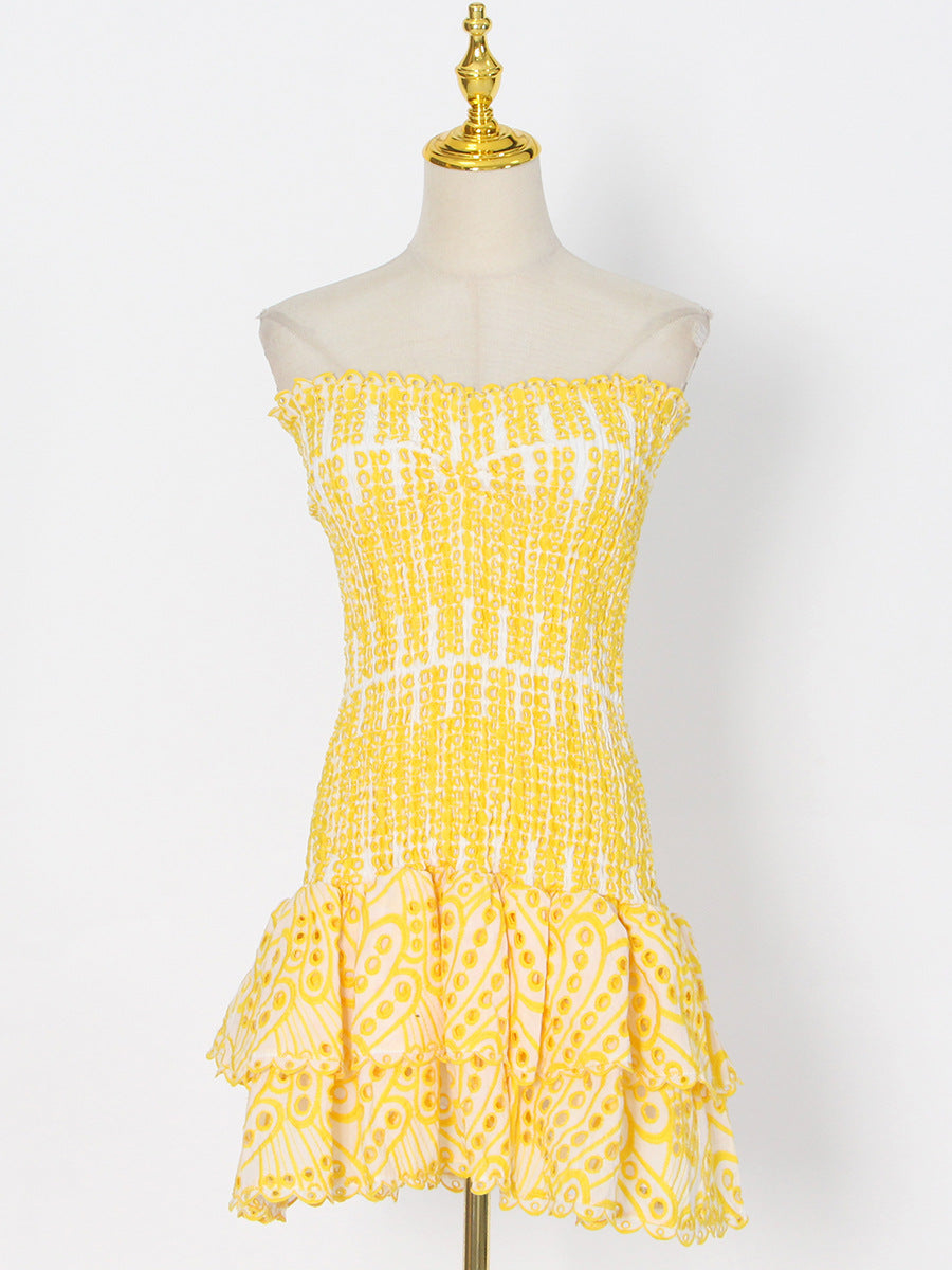 Y2K Tube Top Pleated Dress Ins Fashion Print A-Line Short Dresses For Beach Party Clothing Women