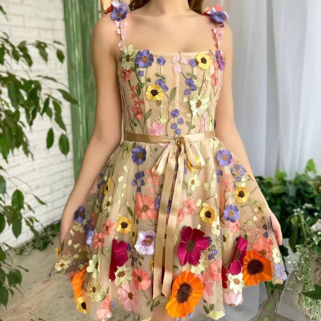 Three-Dimensional Flower Embroidery Dress Summer Fashion Sweet A-Line Suspender Dresses For Womens Clothing