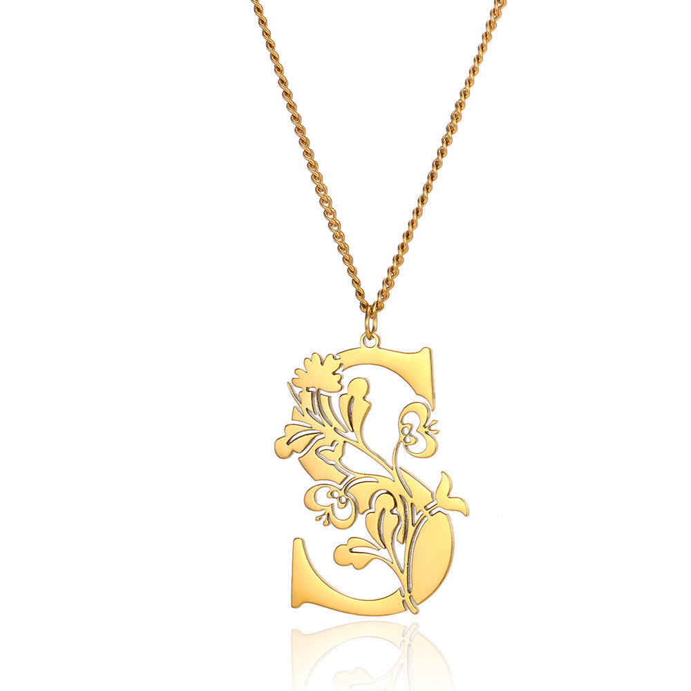 Stainless Steel 26 English Flower Letter Necklace
