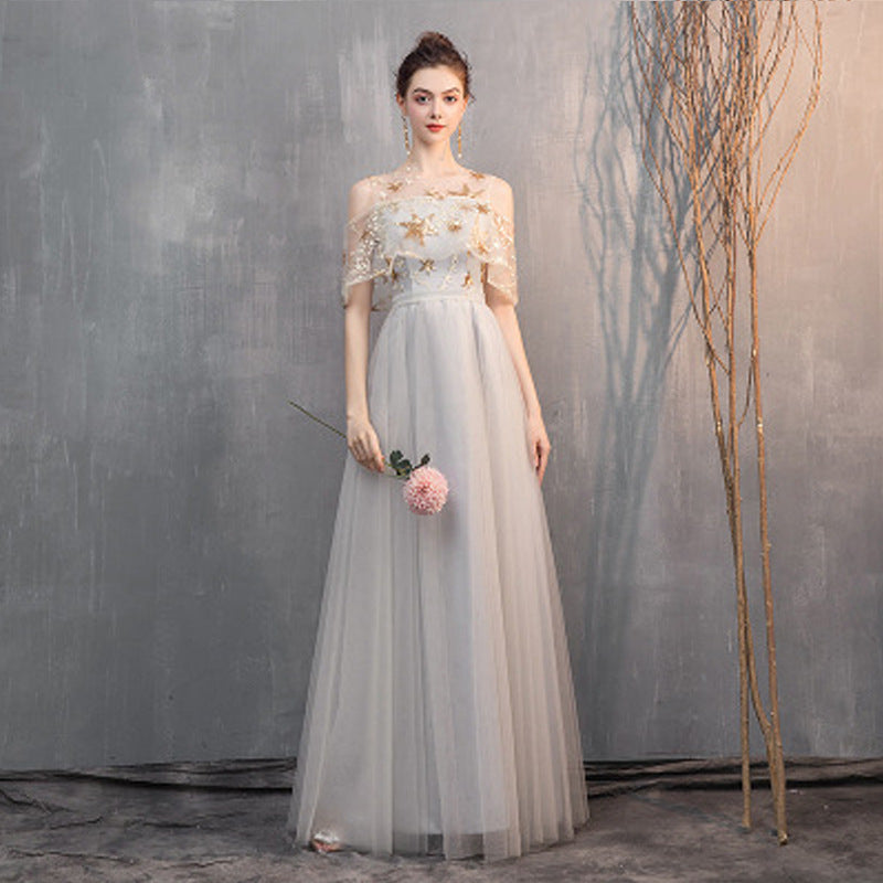 Champagne Gray Off-Shoulder Slim-Fit Bridesmaid Dress