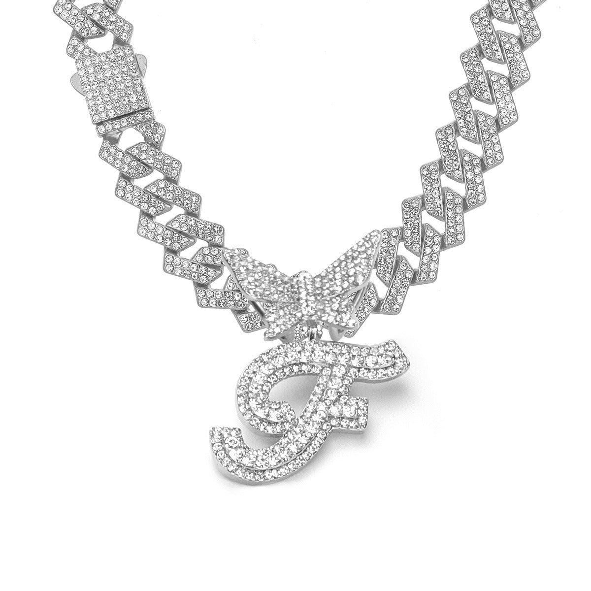English Letter Alloy Rhinestone Pendant Necklace Butterfly