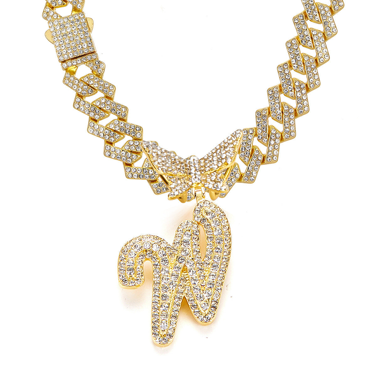 English Letter Alloy Rhinestone Pendant Necklace Butterfly